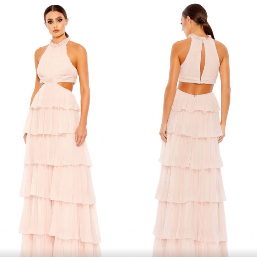 Mac Duggal Pink Cut Out Tiered Maxi Dress
